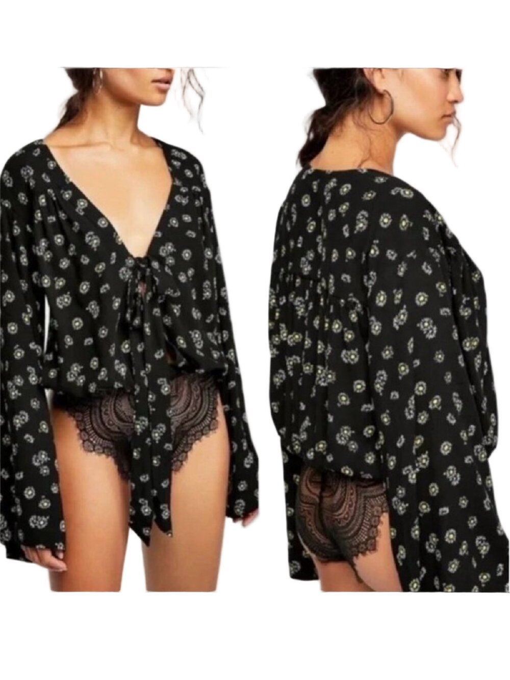 Intimately by Free People Forties Feel Tie Front Black Daisy Bodysuit - Large